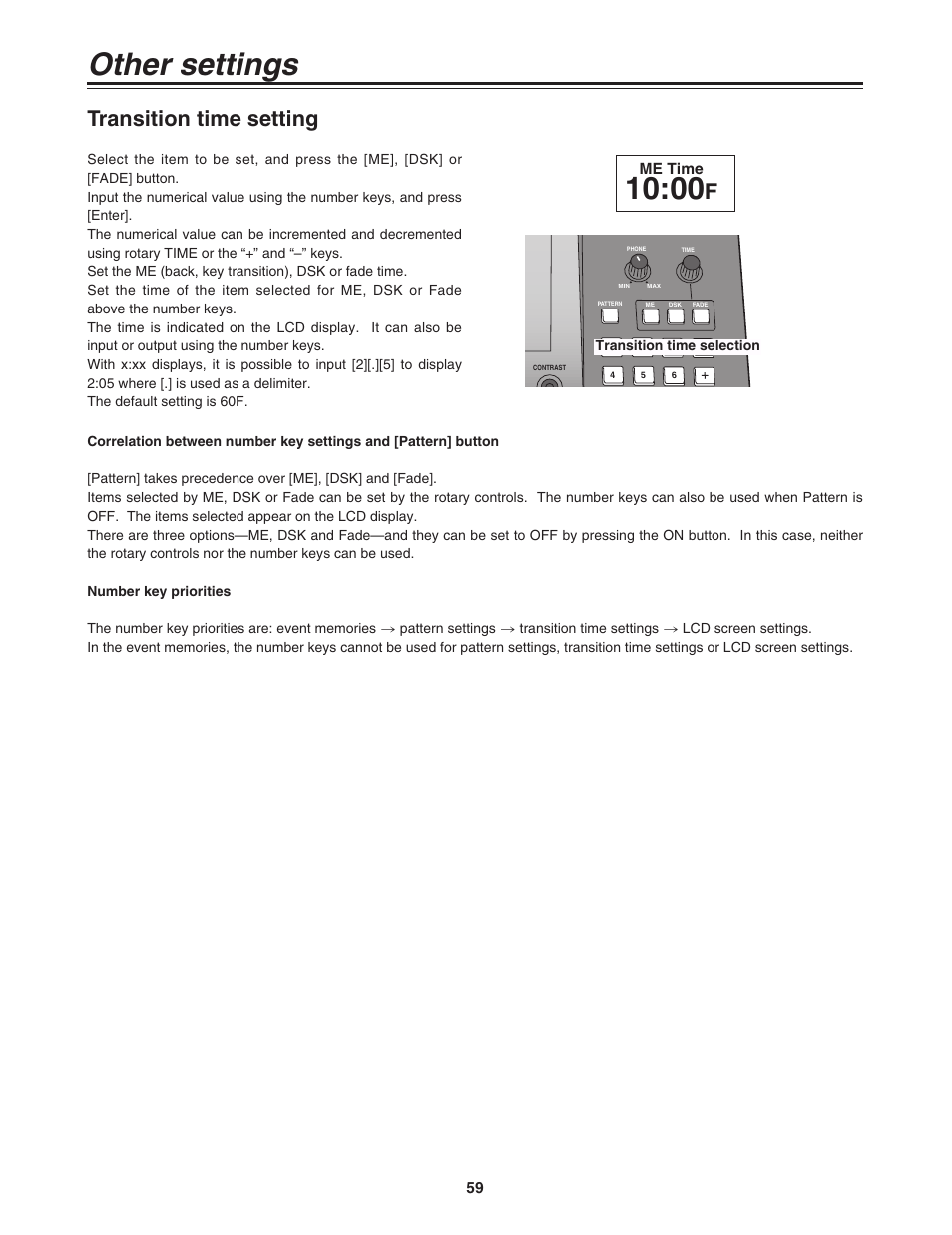 Transition time settings, Other settings, Transition time setting | Panasonic AG-MX70P User Manual | Page 59 / 100