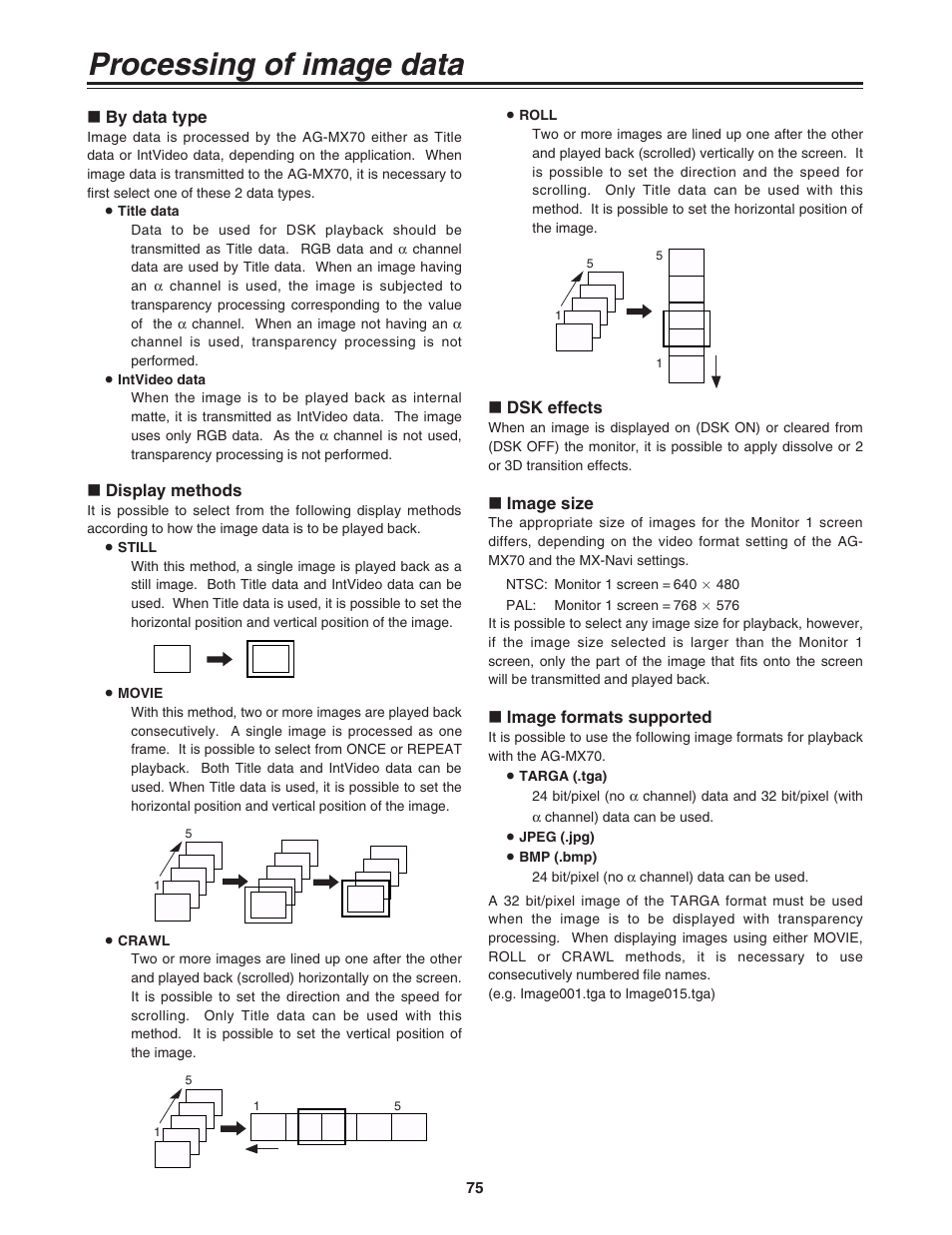 Processing of image data, By data type, Display methods | Dsk effects, Image size, Image formats supported | Panasonic AG-MX70P User Manual | Page 75 / 100