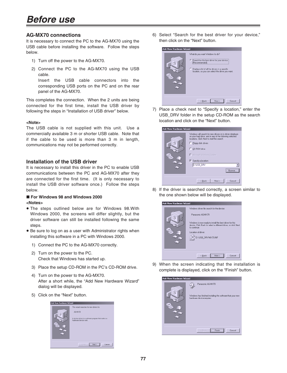 Before use, Ag-mx70 connections, Installation of the usb driver | For windows 98 and windows 2000 | Panasonic AG-MX70P User Manual | Page 77 / 100