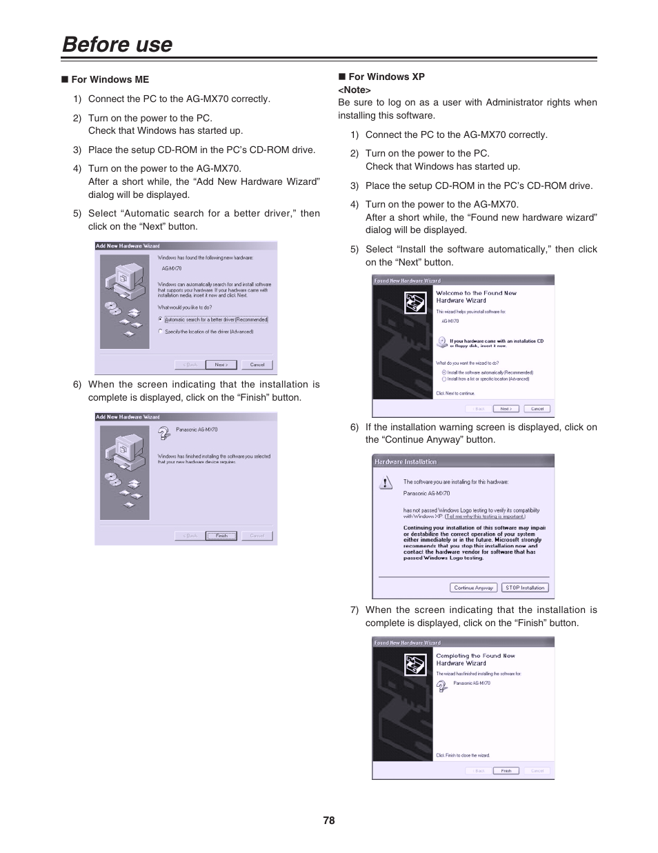 For windows me, For windows xp, Before use | Panasonic AG-MX70P User Manual | Page 78 / 100