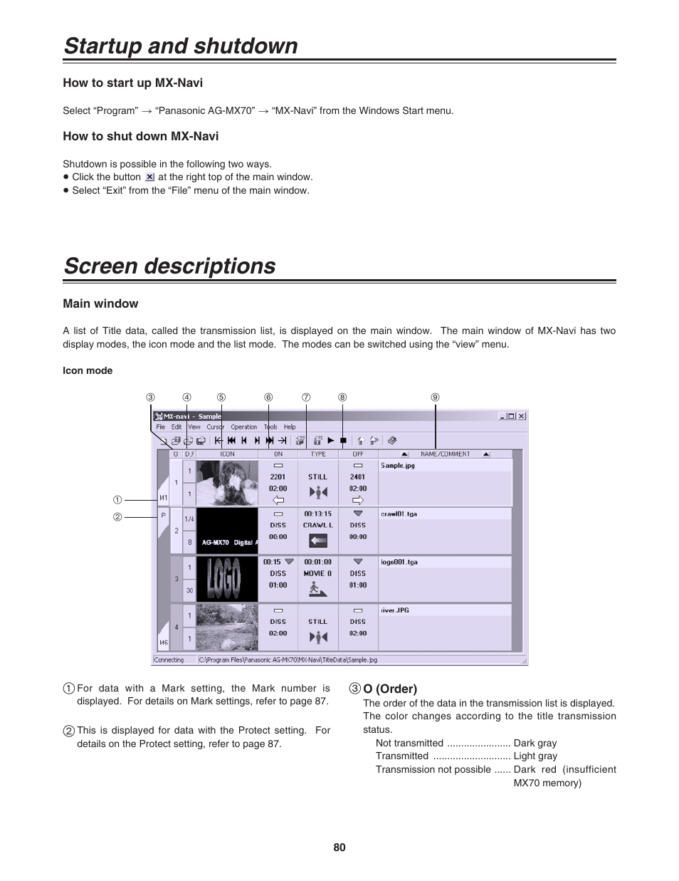 Startup an dshutdown, How to start up mx-navi, How to shutdown mx-navi | Screen descriptions, Main window, Icon mode, Startup and shutdown screen descriptions | Panasonic AG-MX70P User Manual | Page 80 / 100