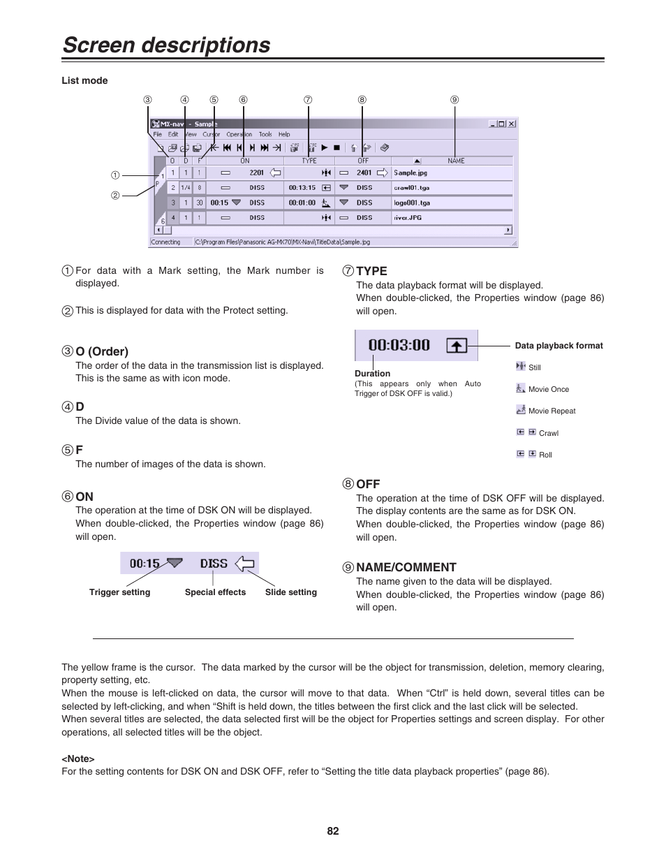List mode, Screen descriptions | Panasonic AG-MX70P User Manual | Page 82 / 100