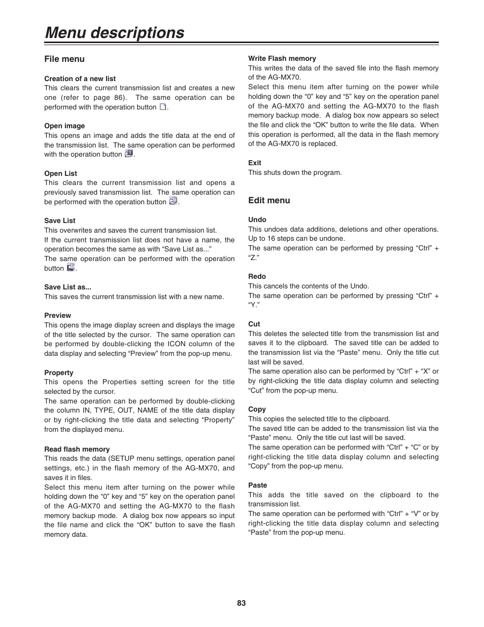 Menu descriptions, File menu, Edit menu | Panasonic AG-MX70P User Manual | Page 83 / 100