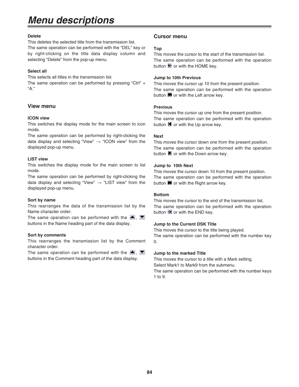 View menu, Cursor menu, Menu descriptions | Panasonic AG-MX70P User Manual | Page 84 / 100