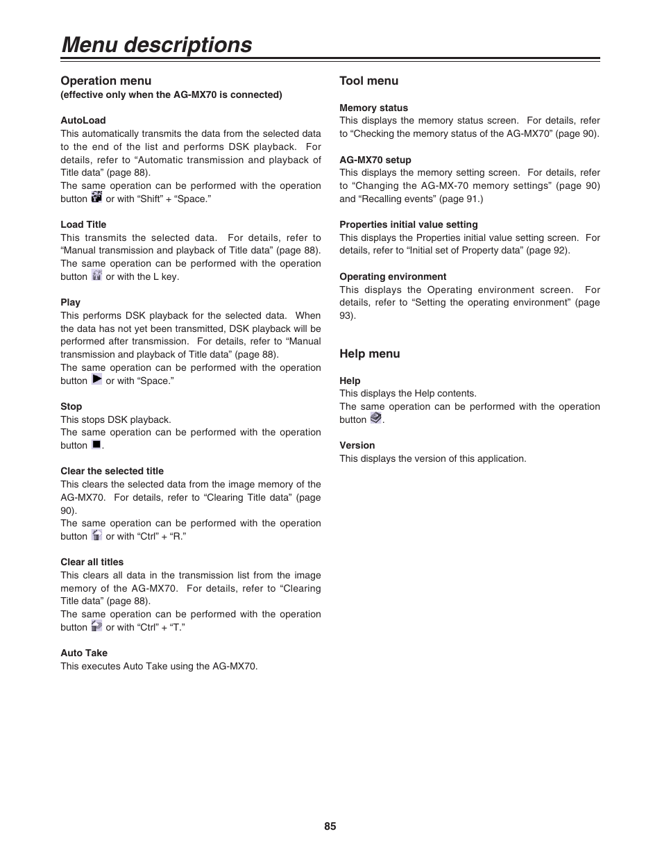 Operation menu, Tool menu, Help menu | Menu descriptions | Panasonic AG-MX70P User Manual | Page 85 / 100