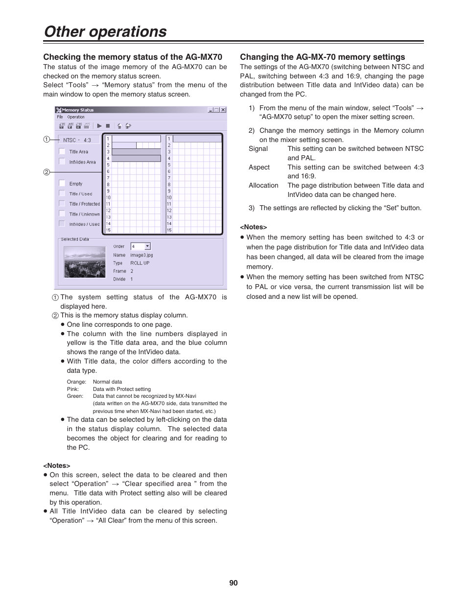 Other operations, Checking the memory status of the ag-mx70, Changing the ag-mx-70 memory settings | Panasonic AG-MX70P User Manual | Page 90 / 100