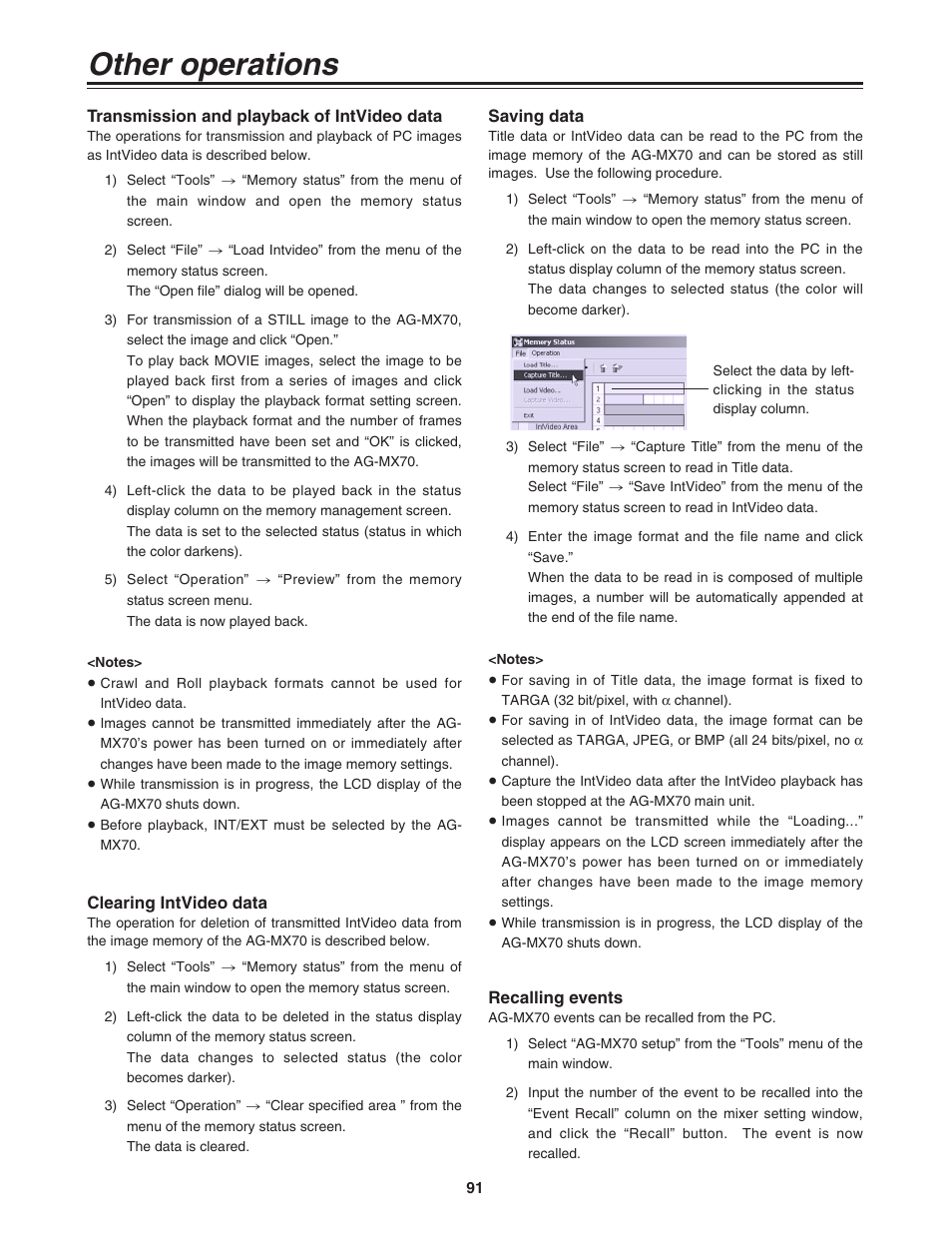 Transmission and playback of intvideo data, Clearing intvideo data, Reading data | Recalling events, Other operations | Panasonic AG-MX70P User Manual | Page 91 / 100