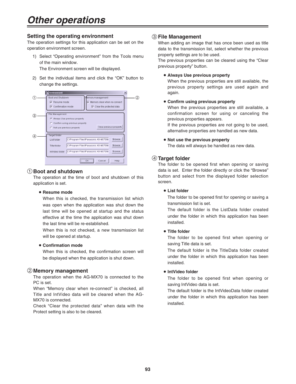 Setting the operating environment, Other operations | Panasonic AG-MX70P User Manual | Page 93 / 100