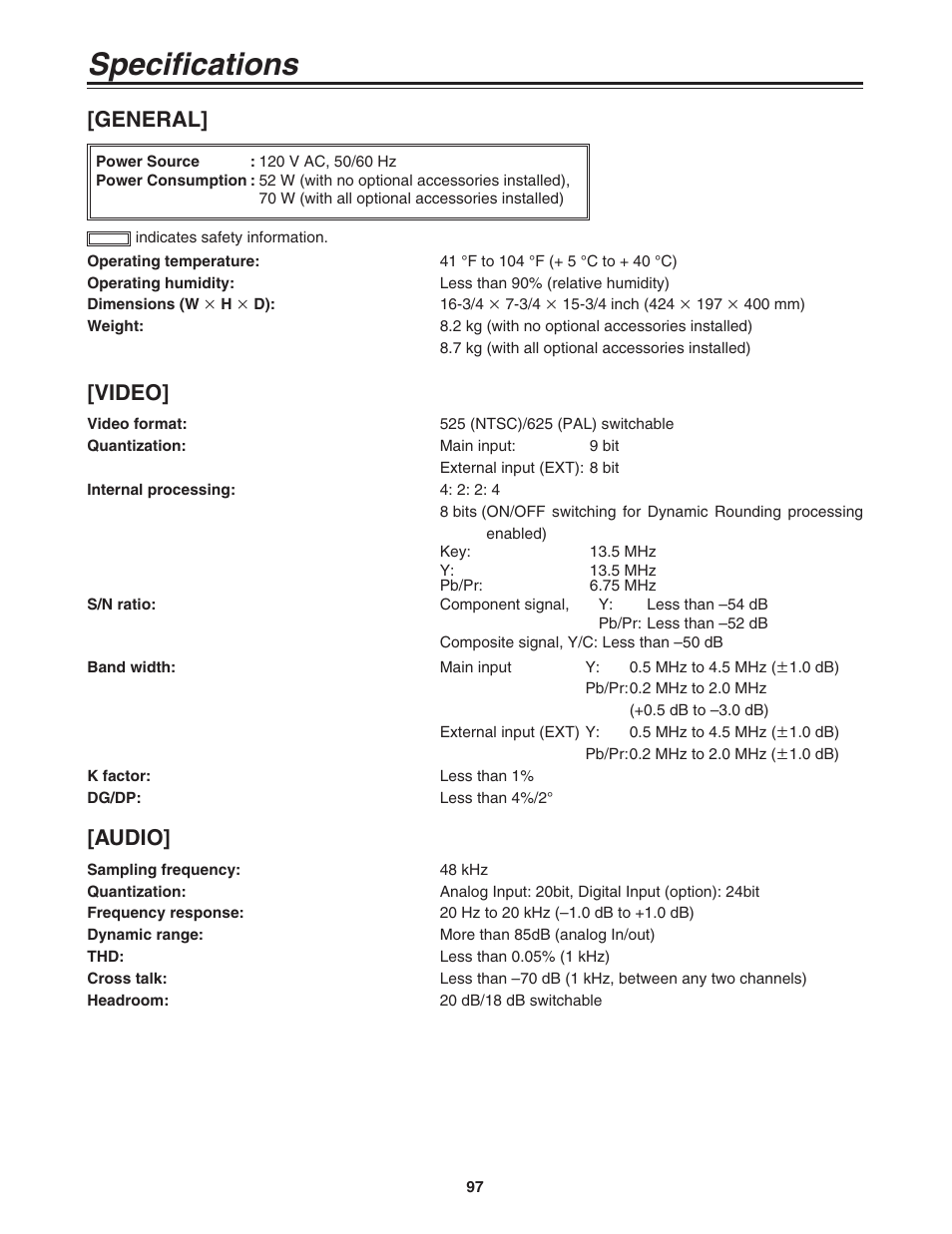 Specifications, General, Video | Audio | Panasonic AG-MX70P User Manual | Page 97 / 100