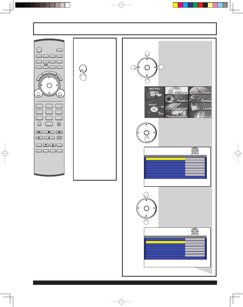 Basic menu navigation, Press to select the desired icon, Press to enter the menu | Press to select desired menu item, Menu | Panasonic PT 43LCX64 User Manual | Page 28 / 112