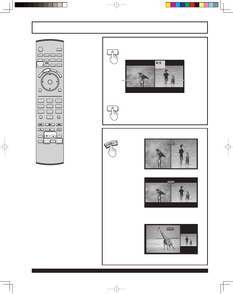 Split screen, Splitting the screen, Returning to one screen | Selecting the screen aspect for split screen, Press to return, Press to select modes | Panasonic PT 43LCX64 User Manual | Page 46 / 112