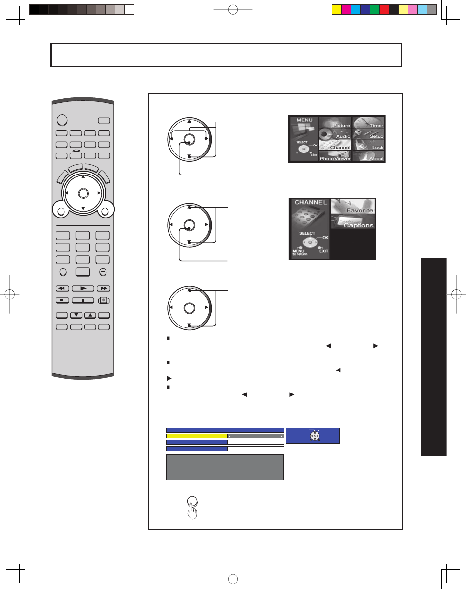 Advanced operation, Favorite channel feature, 49 advanced op er a tion | Press to select each item, Press to exit menu | Panasonic PT 43LCX64 User Manual | Page 49 / 112