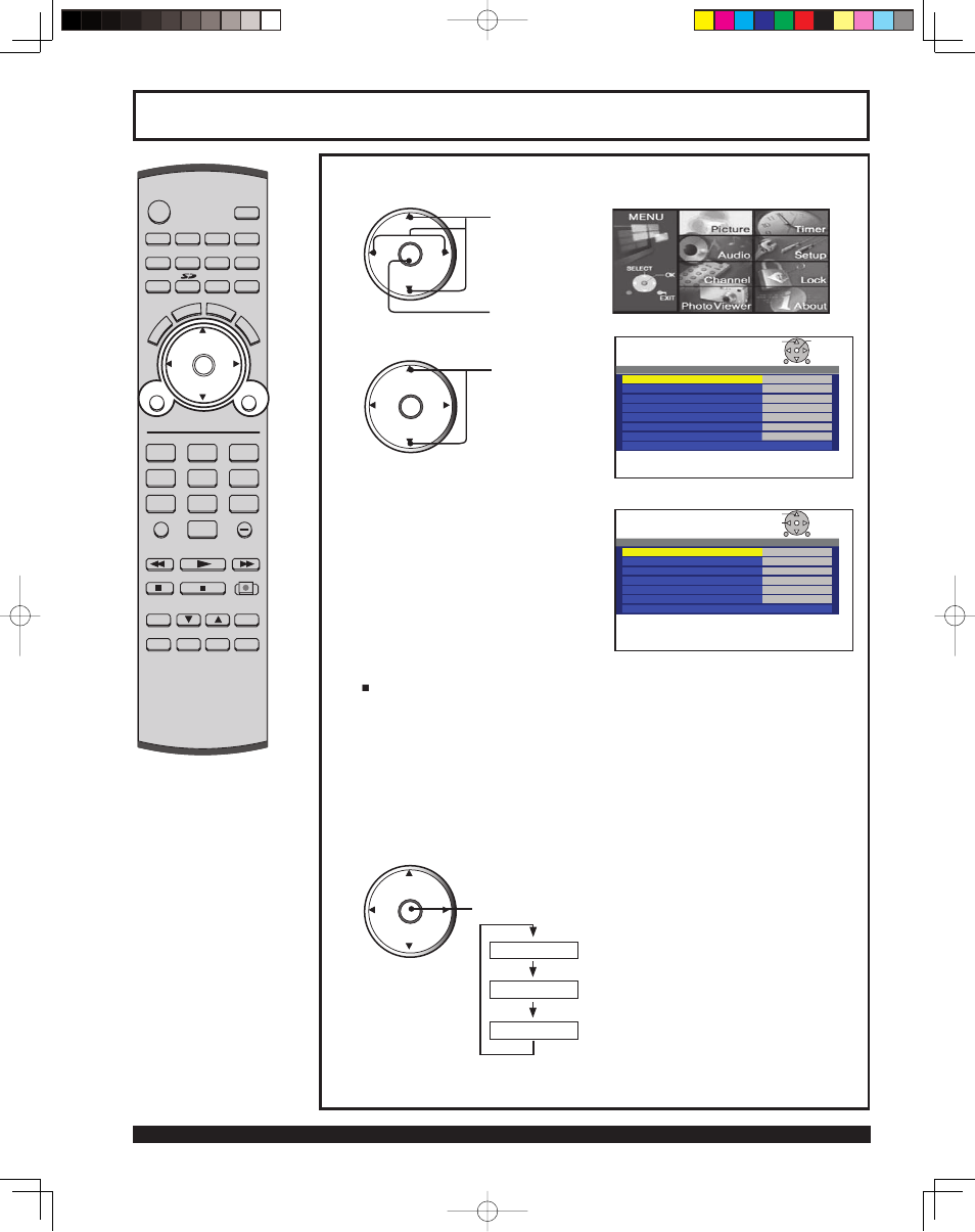 Picture adjustments, Press menu to display the main menu screen, Standard vivid rgb in input | Press re peat ed ly to select picmode, Continued on the next page | Panasonic PT 43LCX64 User Manual | Page 50 / 112