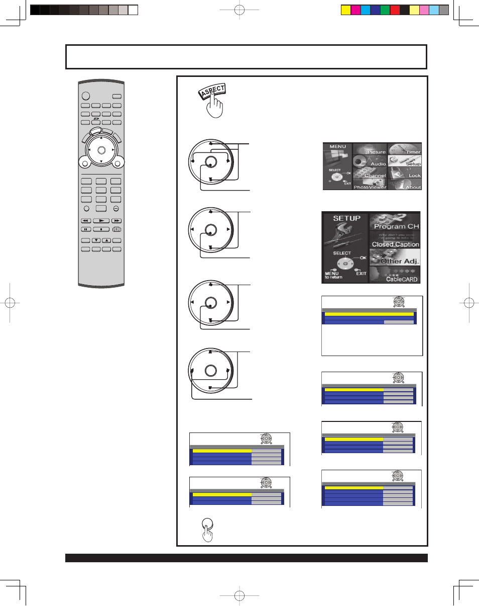 Adjusting screen position and size, Press to display position/size sub-menu, Just mode | Press to select each item, Zoom mode, Rgb input, Press menu to display the main menu screen, Normal is displayed at default | Panasonic PT 43LCX64 User Manual | Page 52 / 112