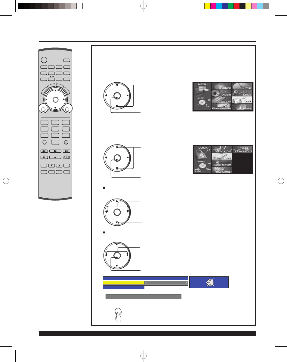 Lock feature, Channel lock, Press to display the channel lock menu | Press to select antenna (a) or (b), Press to exit menu, Press menu to display the main menu screen, Press to select channel, Press number keys to enter your secret code | Panasonic PT 43LCX64 User Manual | Page 58 / 112