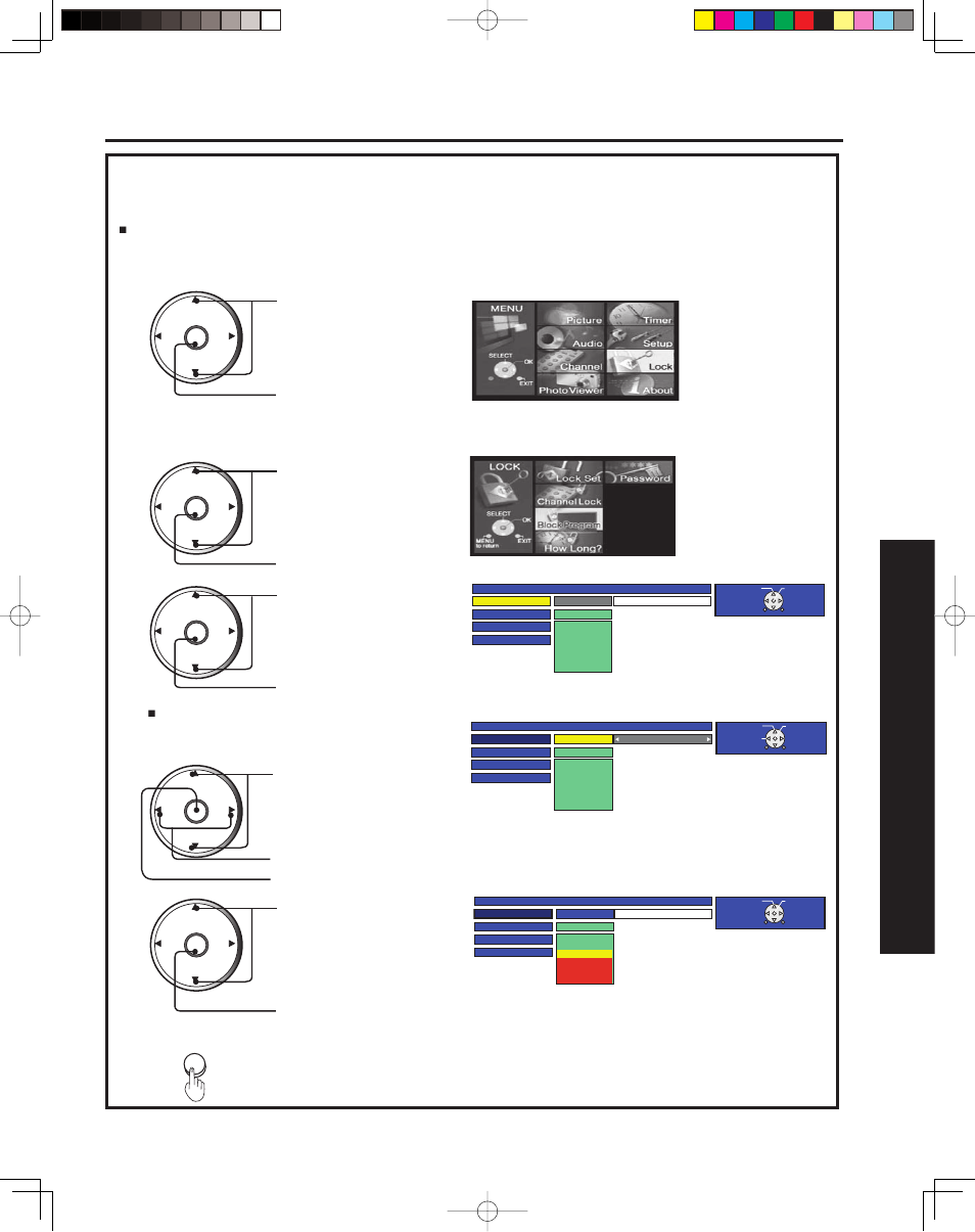 Lock feature, 59 advanced op er a tion, Press to select mpaa | Press to exit menu, Press to display the block program menu, Press number keys to enter your secret code | Panasonic PT 43LCX64 User Manual | Page 59 / 112