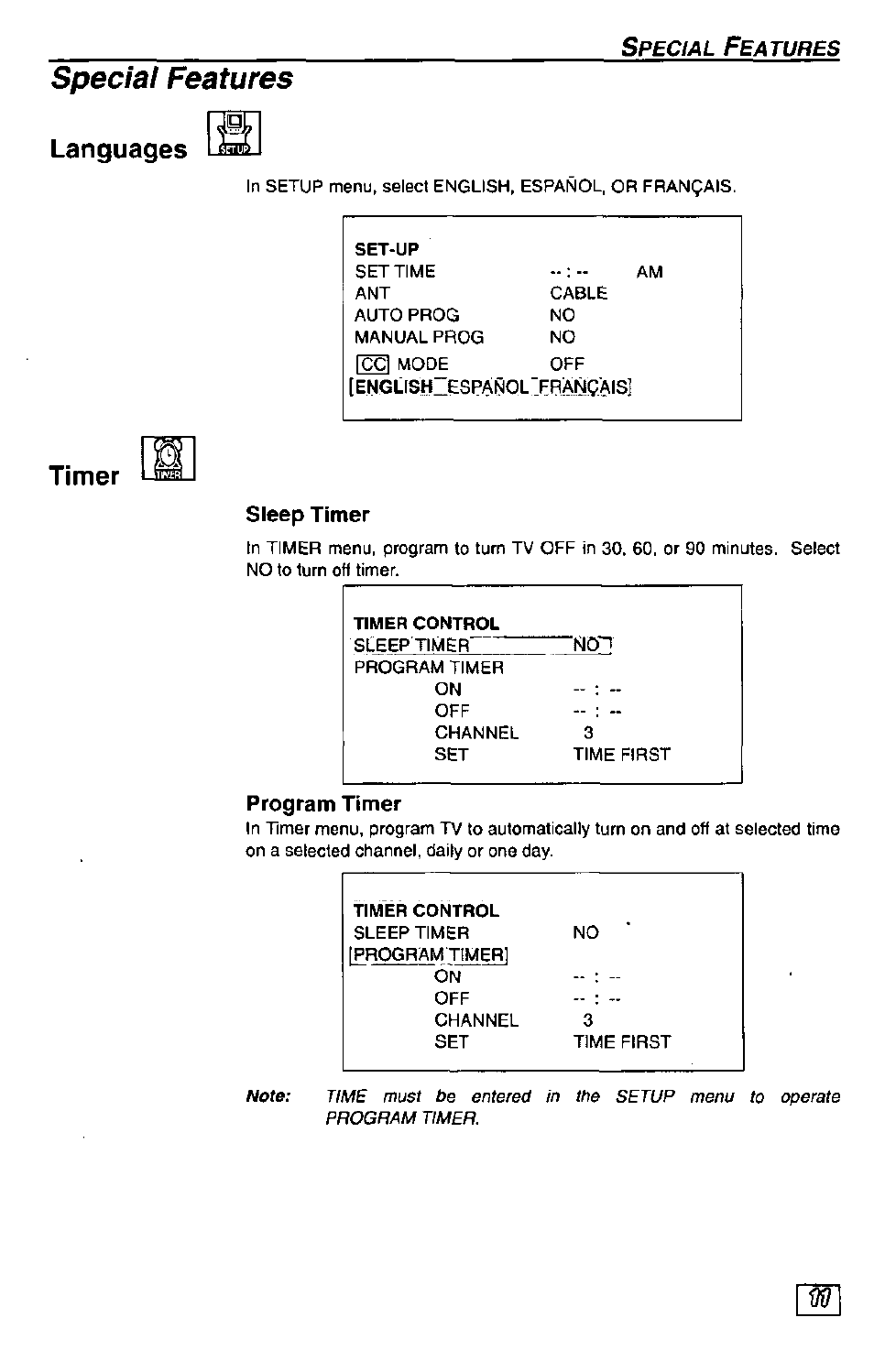 Languages, Timer, Program timer | Special features, Sleep timer | Panasonic Color Television CT-27G24 User Manual | Page 11 / 32