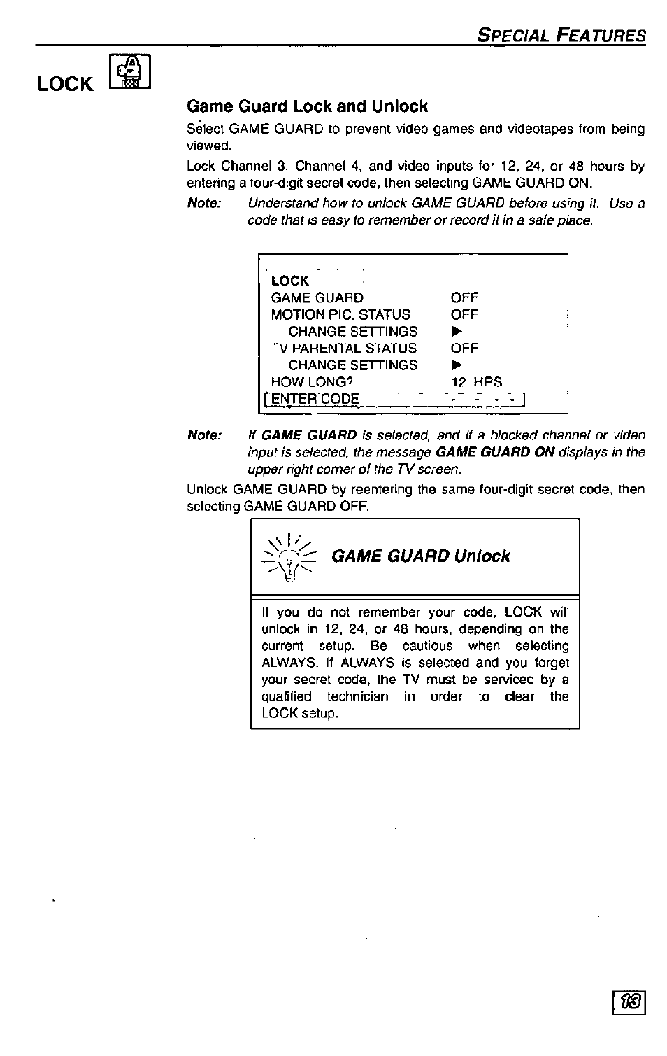 Lock, Game guard, Game guard on | Game guard lock and unlock | Panasonic Color Television CT-27G24 User Manual | Page 13 / 32