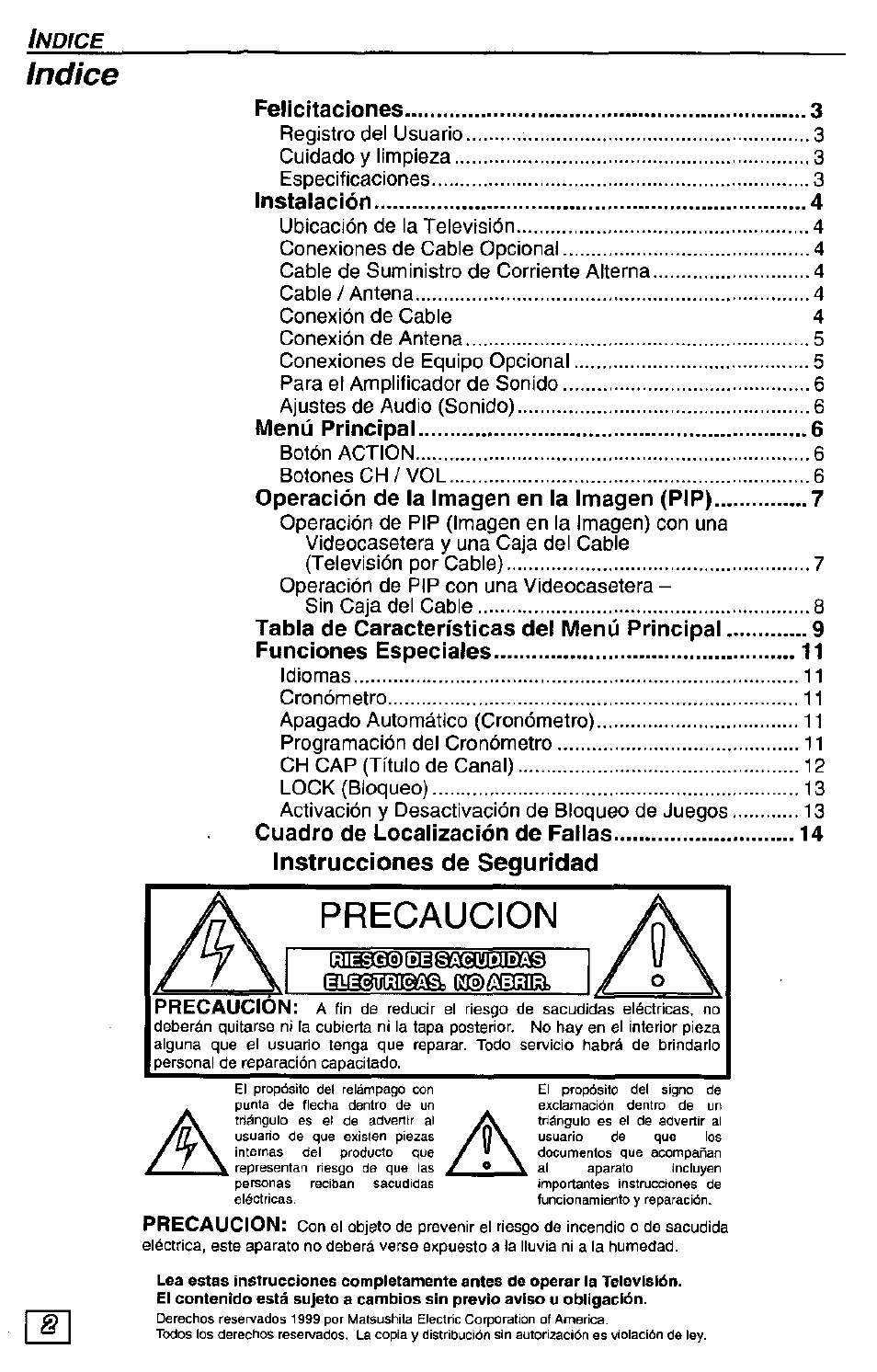 Precaucion, Indice | Panasonic Color Television CT-27G24 User Manual | Page 18 / 32