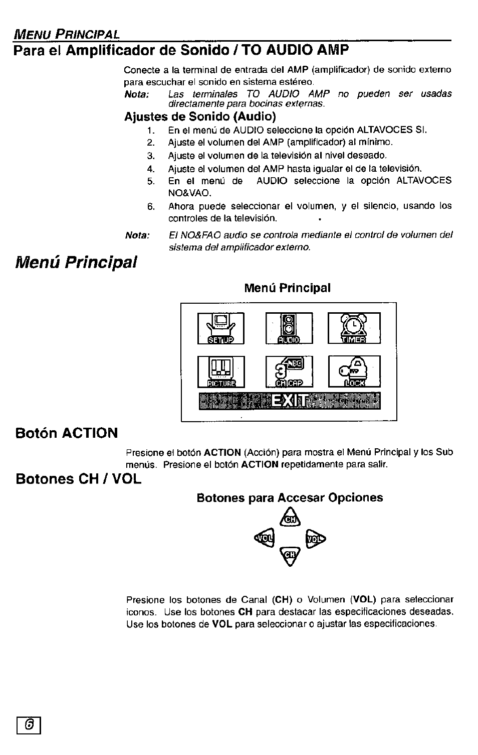 Para el amplificador de sonido / to audio amp, Menú principal, Botón action | Botones ch / vol | Panasonic Color Television CT-27G24 User Manual | Page 22 / 32