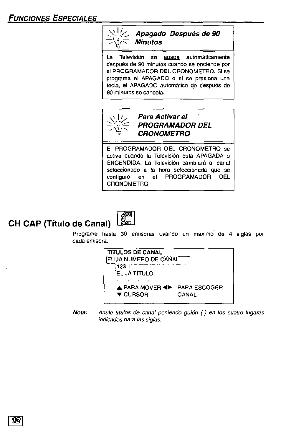 Ch cap (título de canal), Nota | Panasonic Color Television CT-27G24 User Manual | Page 28 / 32