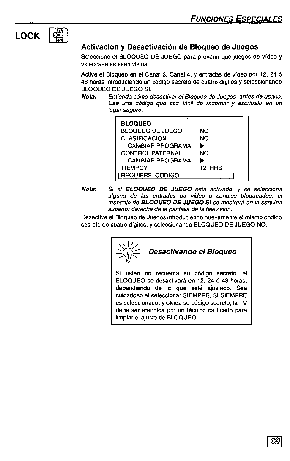 Lock, Activación y desactivación de bloqueo de juegos, Nota | Bloqueo de juego, Bloqueo de juego si | Panasonic Color Television CT-27G24 User Manual | Page 29 / 32