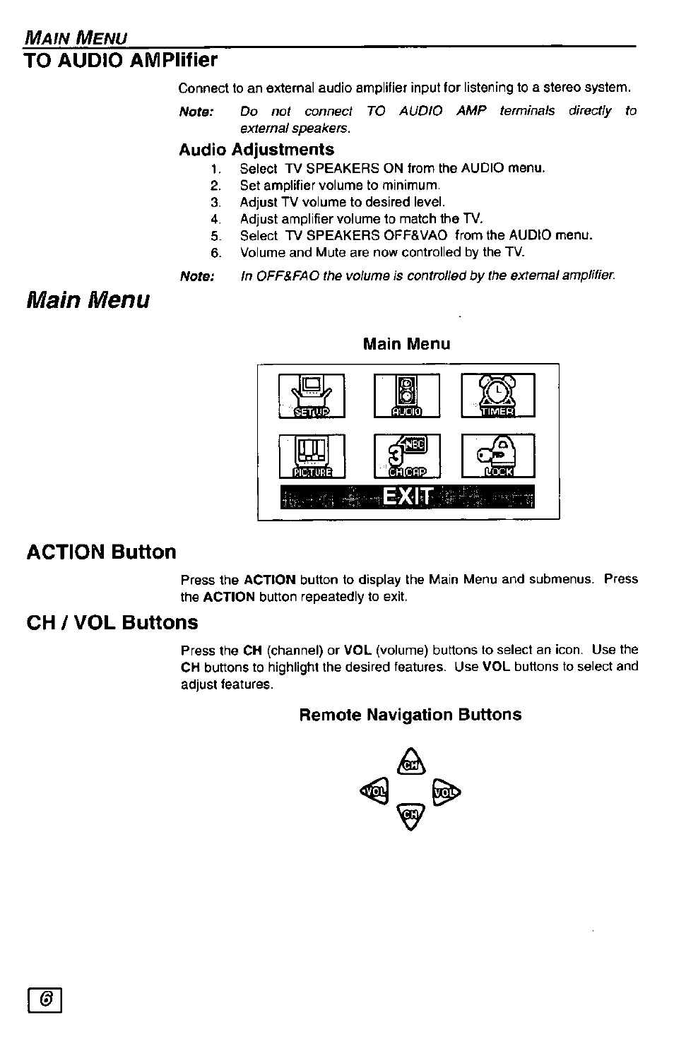 To audio amplifier, Main menu, Action button | Ch / vol buttons, Ch/vol buttons, Audio adjustments, Remote navigation buttons | Panasonic Color Television CT-27G24 User Manual | Page 6 / 32