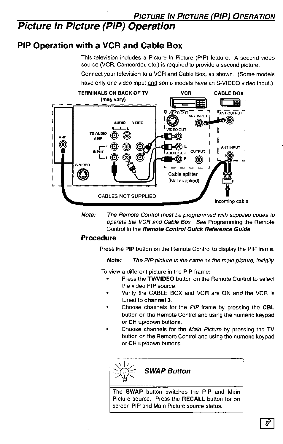 Pip operation with a vcr and cabie box, Pip operation with a vcr and cable box, Picture in picture (pip) operation | Pip) o, Procedure | Panasonic Color Television CT-27G24 User Manual | Page 7 / 32