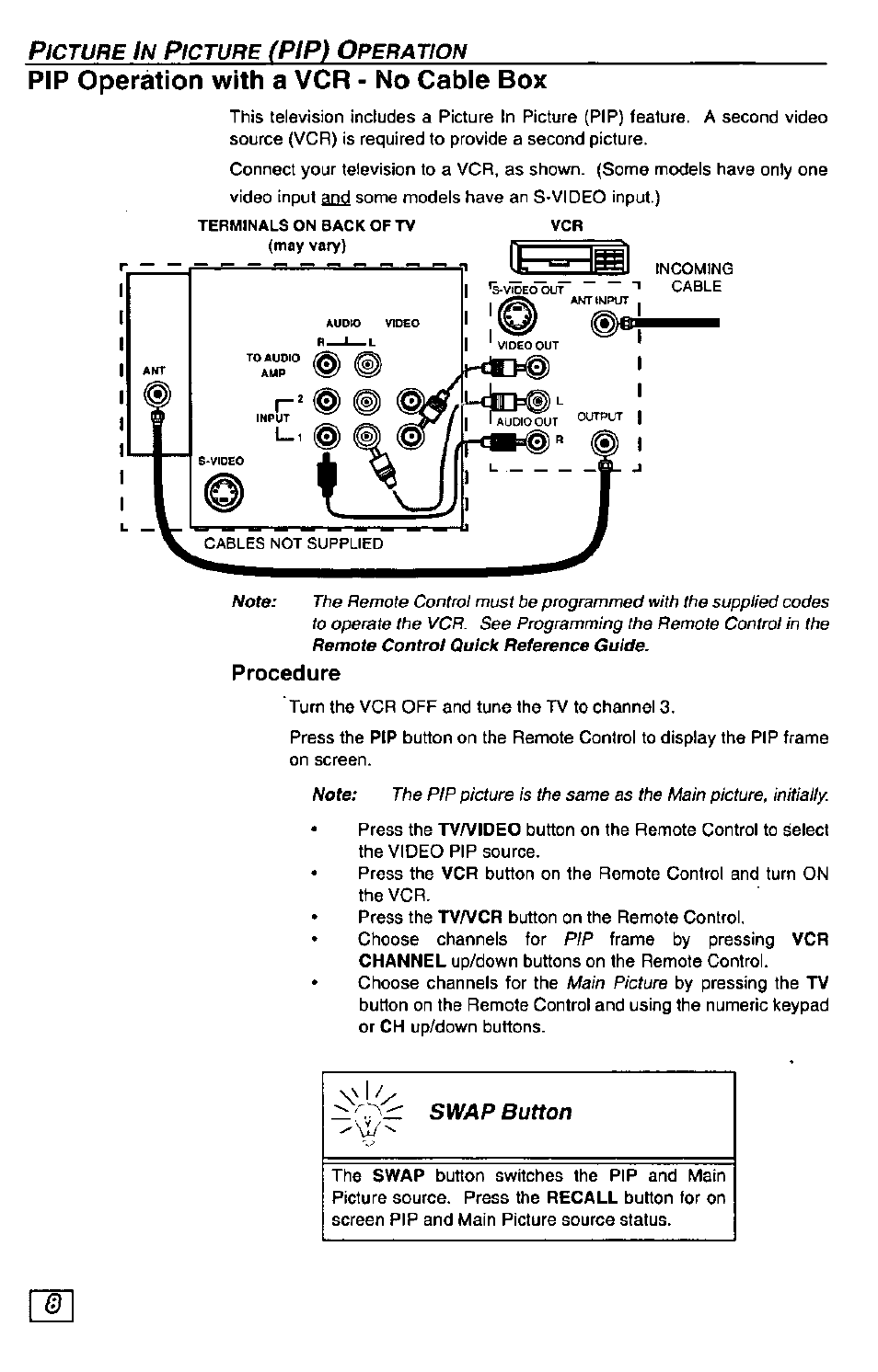 Pip operation with a vcr - no cable box, Ptp) o, Procedure | Panasonic Color Television CT-27G24 User Manual | Page 8 / 32