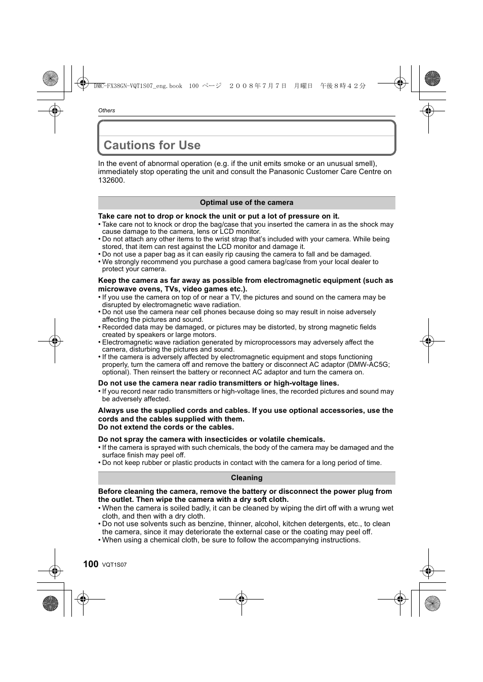 Cautions for use | Panasonic DMC-FX38 User Manual | Page 100 / 120