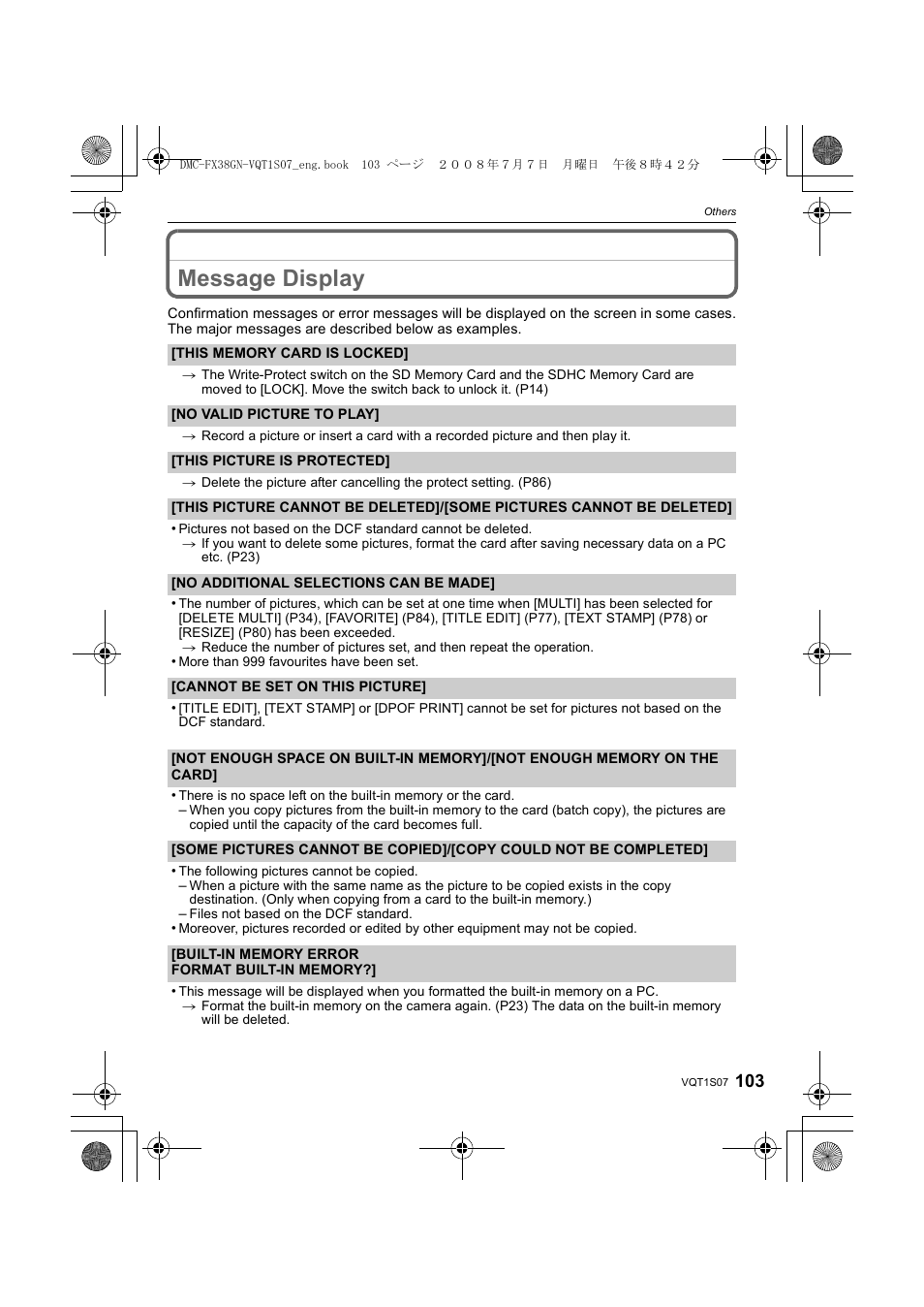 Message display | Panasonic DMC-FX38 User Manual | Page 103 / 120