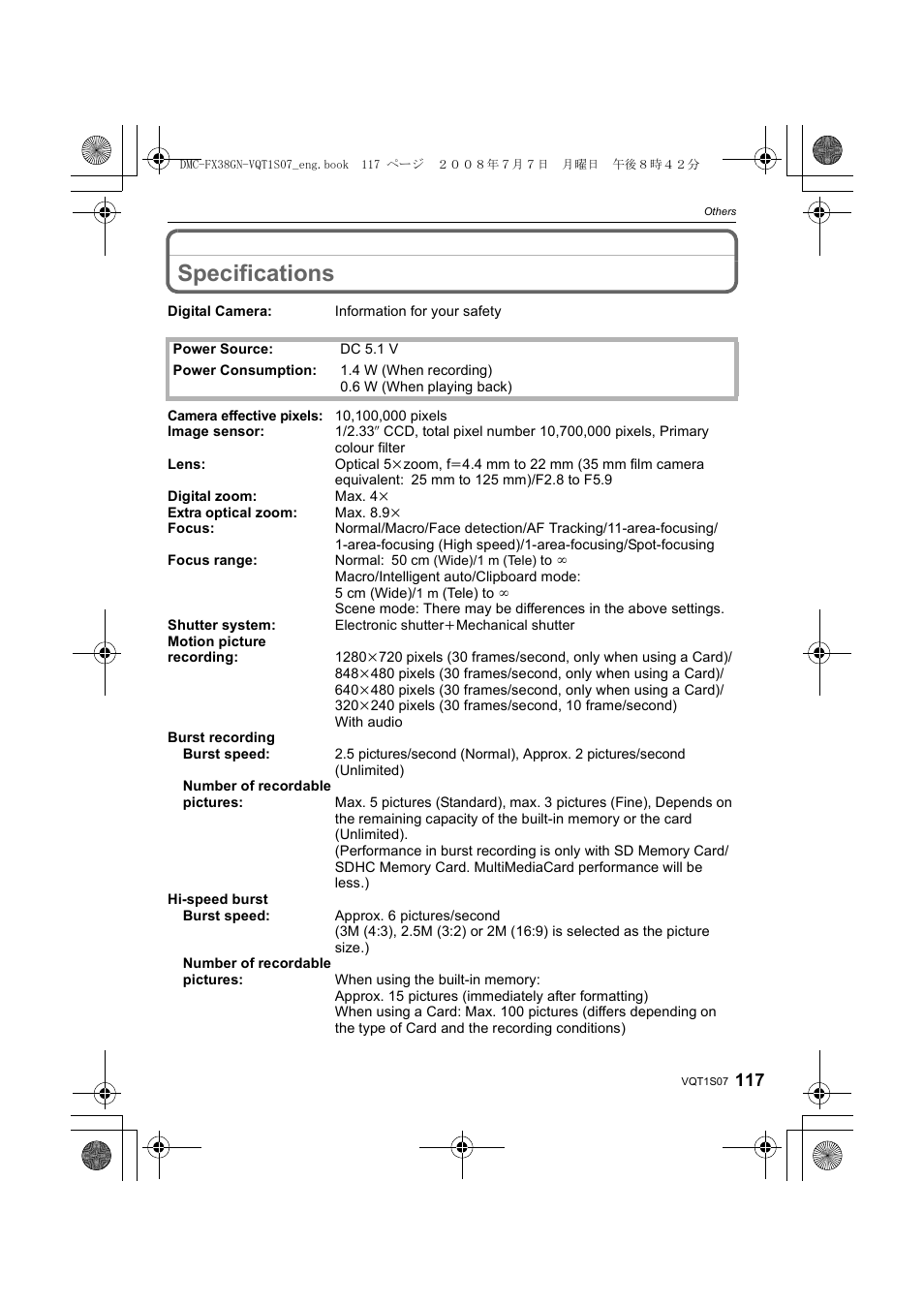 Specifications | Panasonic DMC-FX38 User Manual | Page 117 / 120