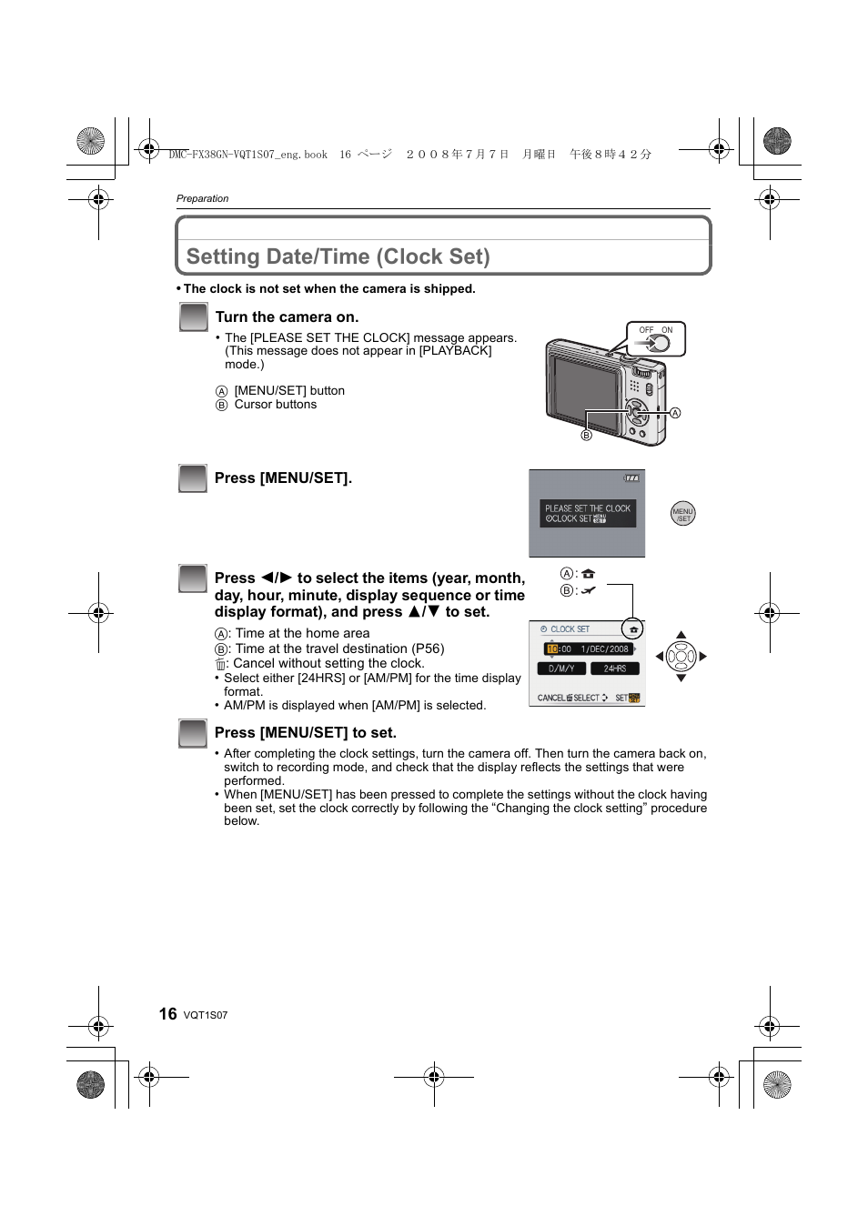 Setting date/time (clock set) | Panasonic DMC-FX38 User Manual | Page 16 / 120