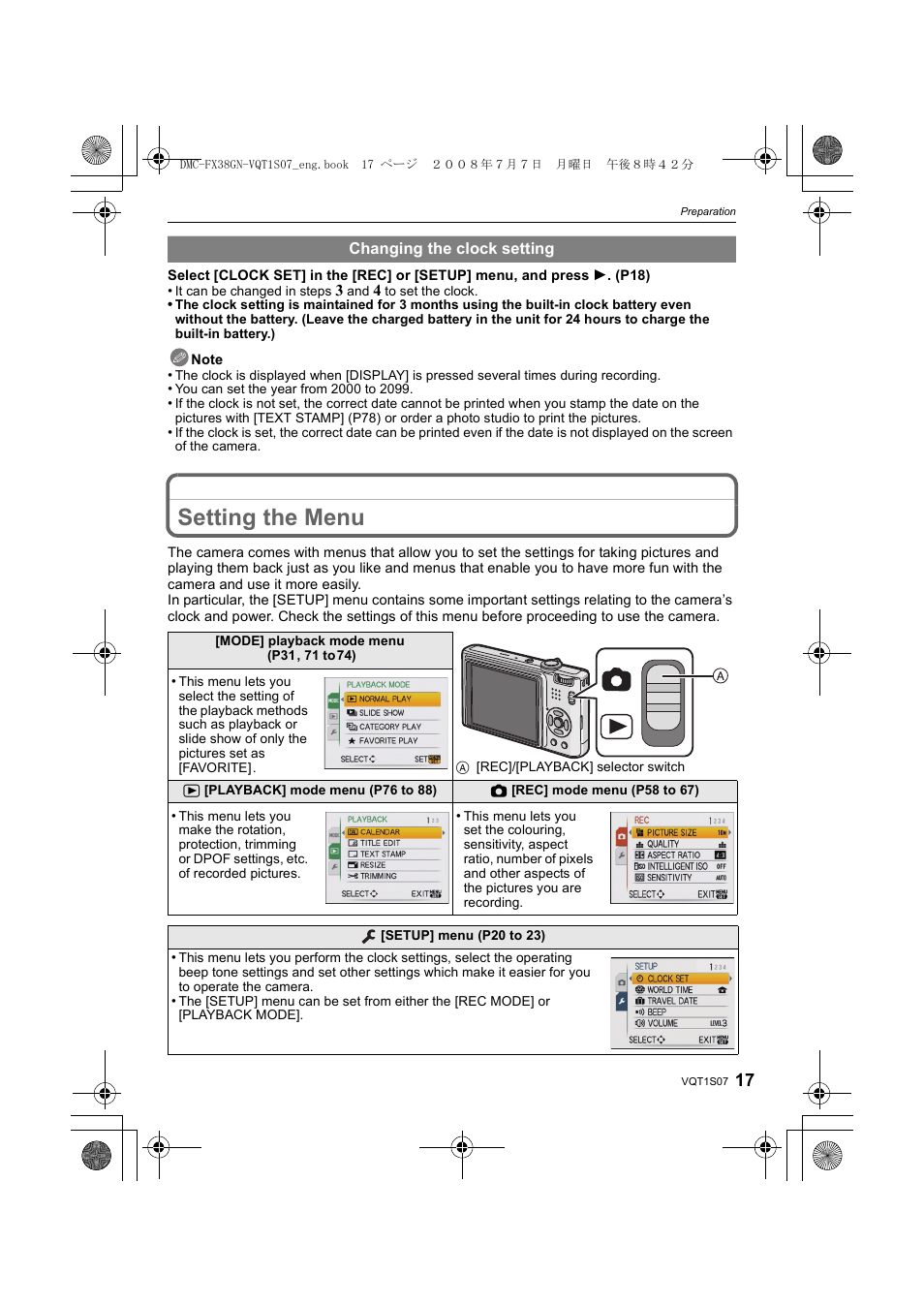 Setting the menu | Panasonic DMC-FX38 User Manual | Page 17 / 120