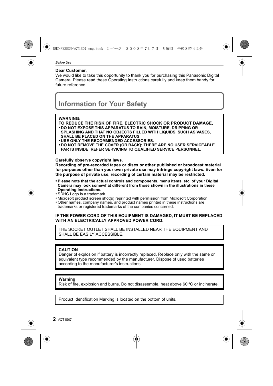 Information for your safety | Panasonic DMC-FX38 User Manual | Page 2 / 120