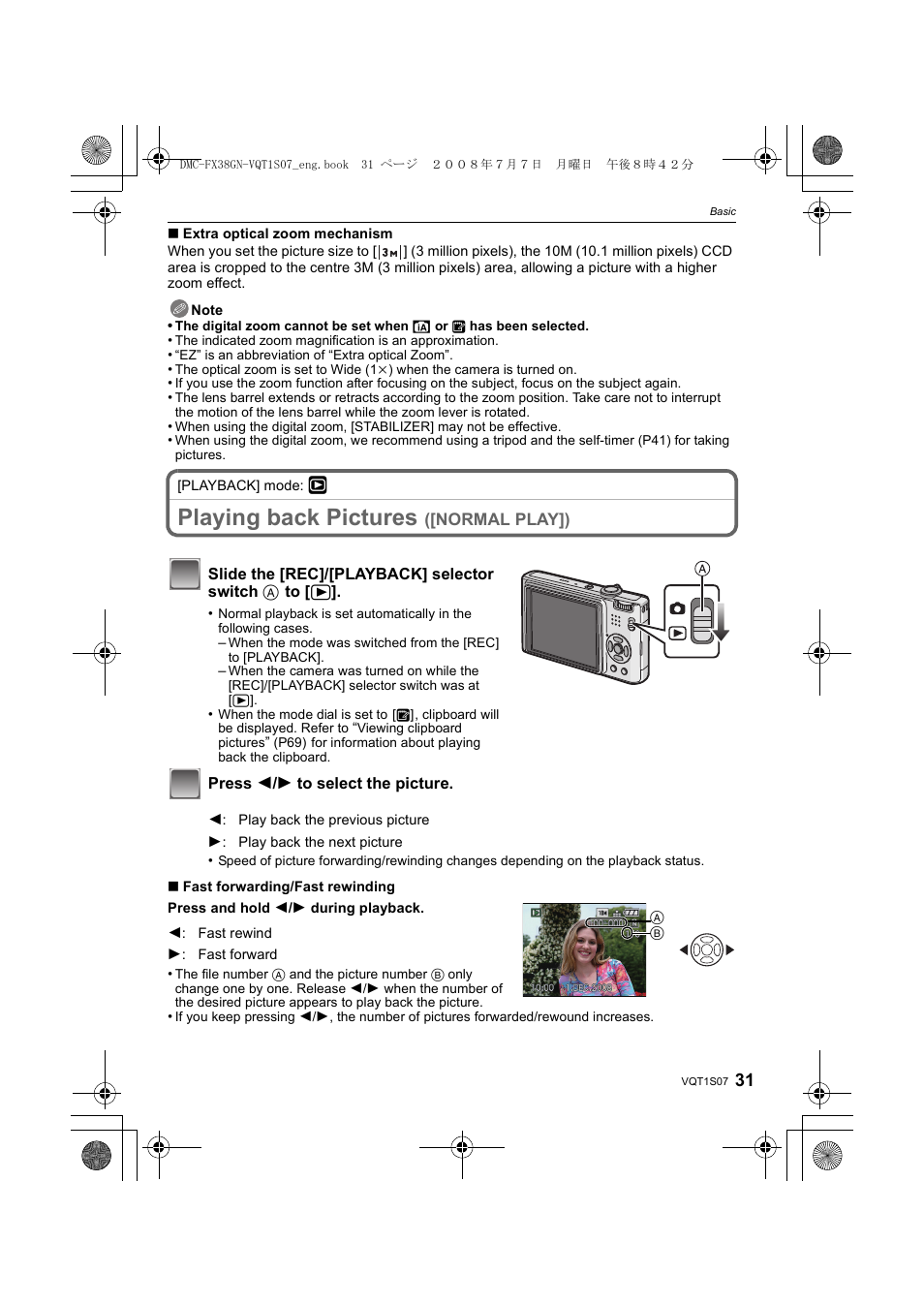 Playing back pictures | Panasonic DMC-FX38 User Manual | Page 31 / 120