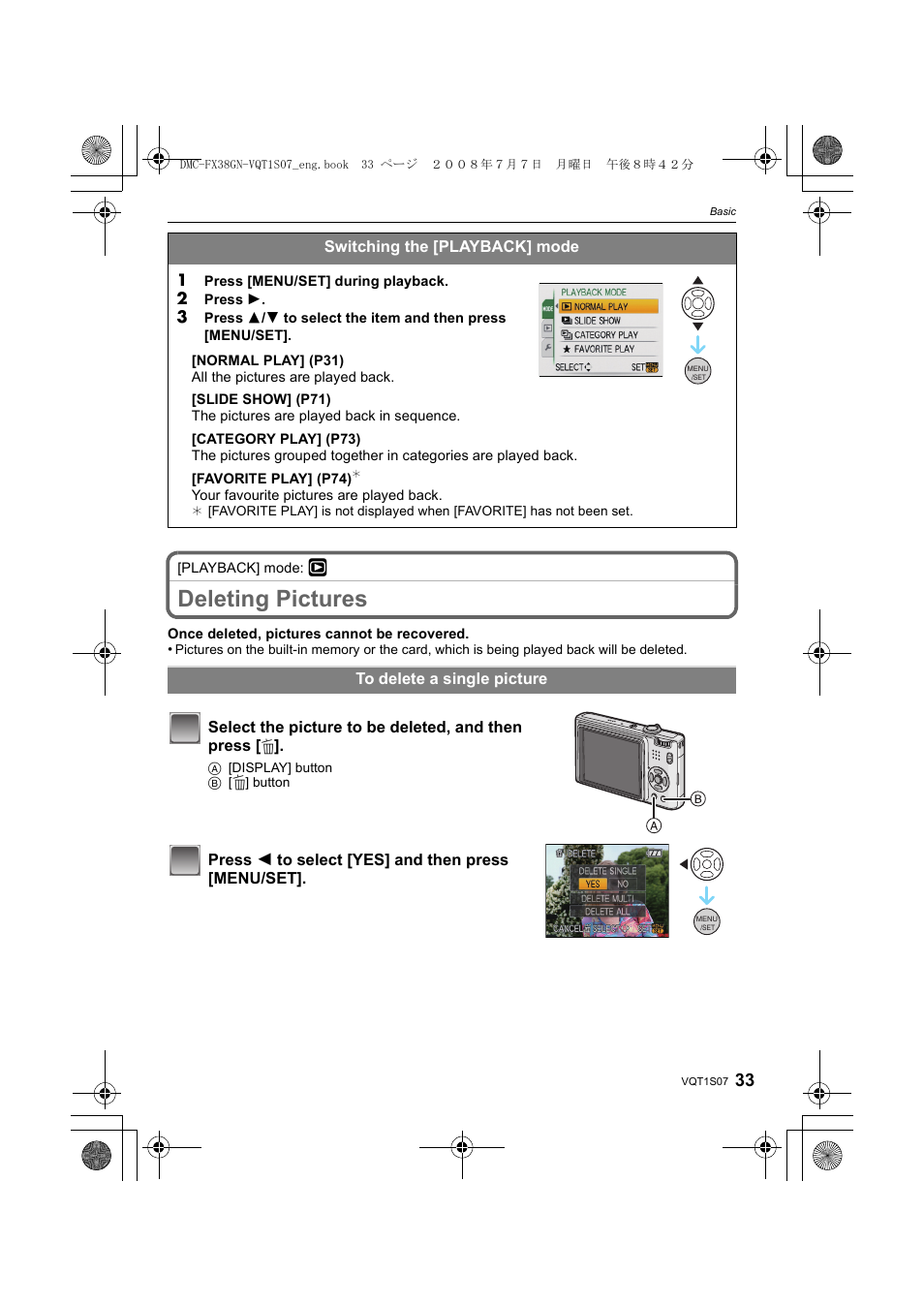 Deleting pictures | Panasonic DMC-FX38 User Manual | Page 33 / 120