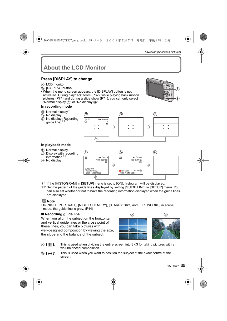 About the lcd monitor | Panasonic DMC-FX38 User Manual | Page 35 / 120