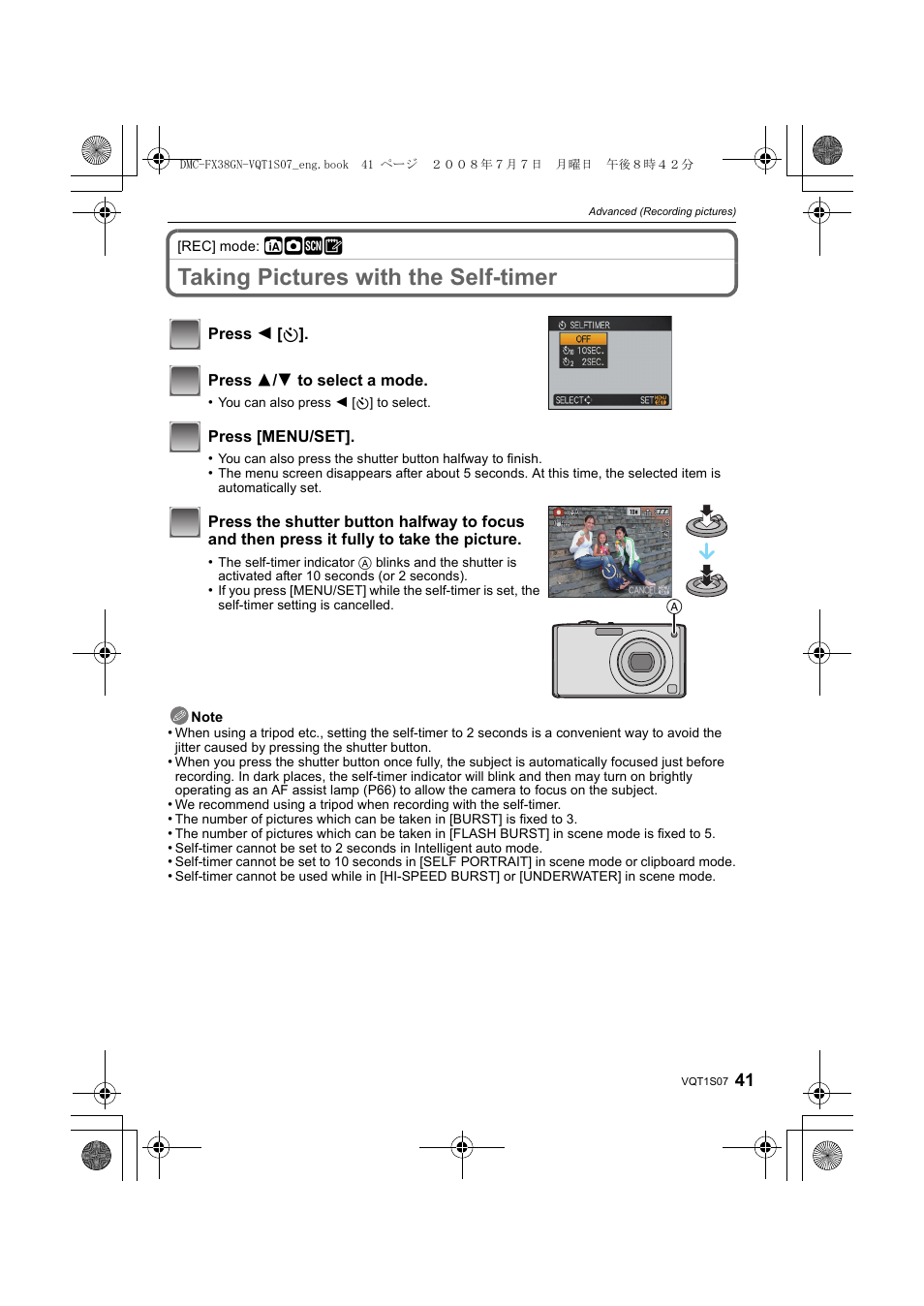 Taking pictures with the self-timer | Panasonic DMC-FX38 User Manual | Page 41 / 120