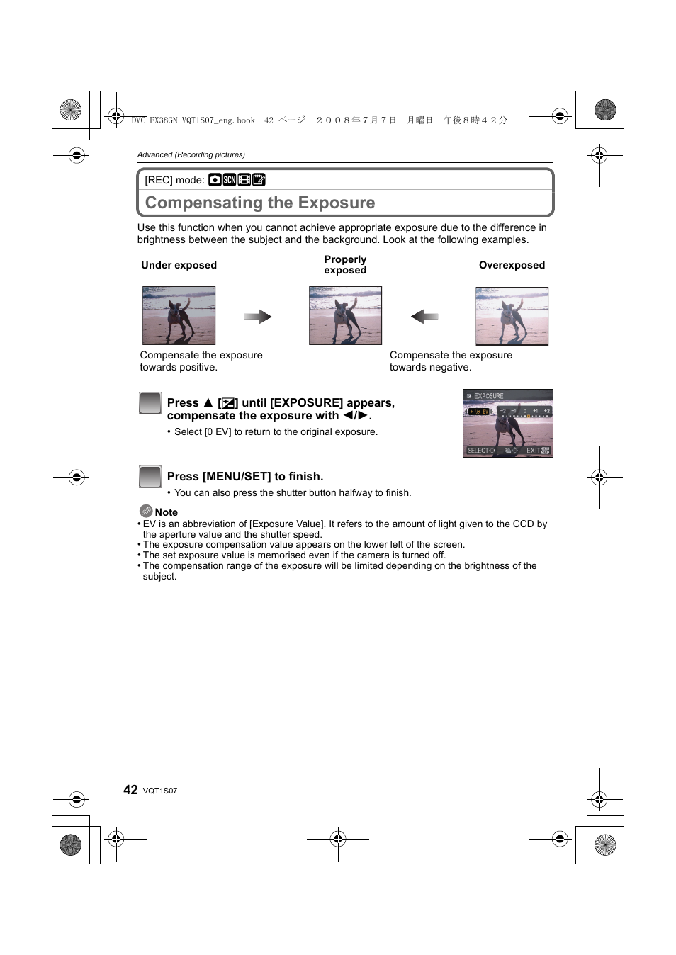 Compensating the exposure | Panasonic DMC-FX38 User Manual | Page 42 / 120