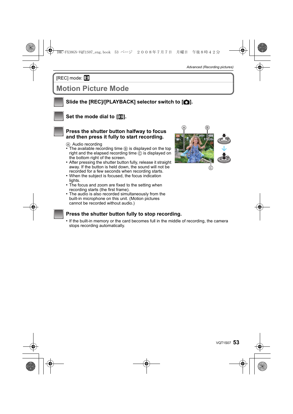 Motion picture mode | Panasonic DMC-FX38 User Manual | Page 53 / 120