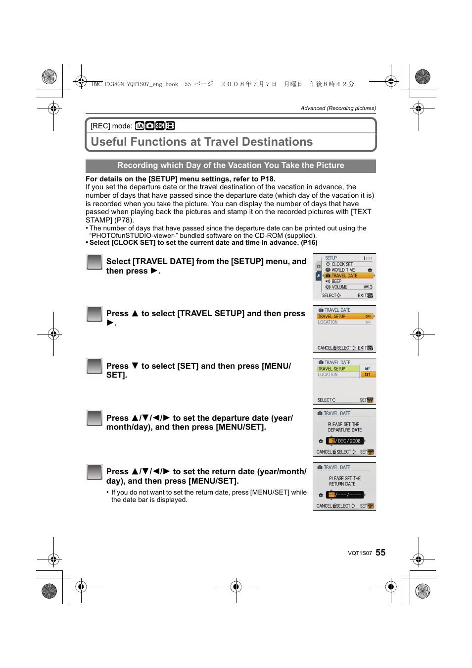 Useful functions at travel destinations | Panasonic DMC-FX38 User Manual | Page 55 / 120