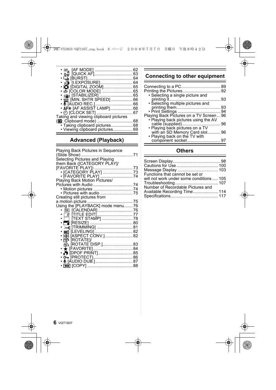 Advanced (playback), Connecting to other equipment, Others | Panasonic DMC-FX38 User Manual | Page 6 / 120