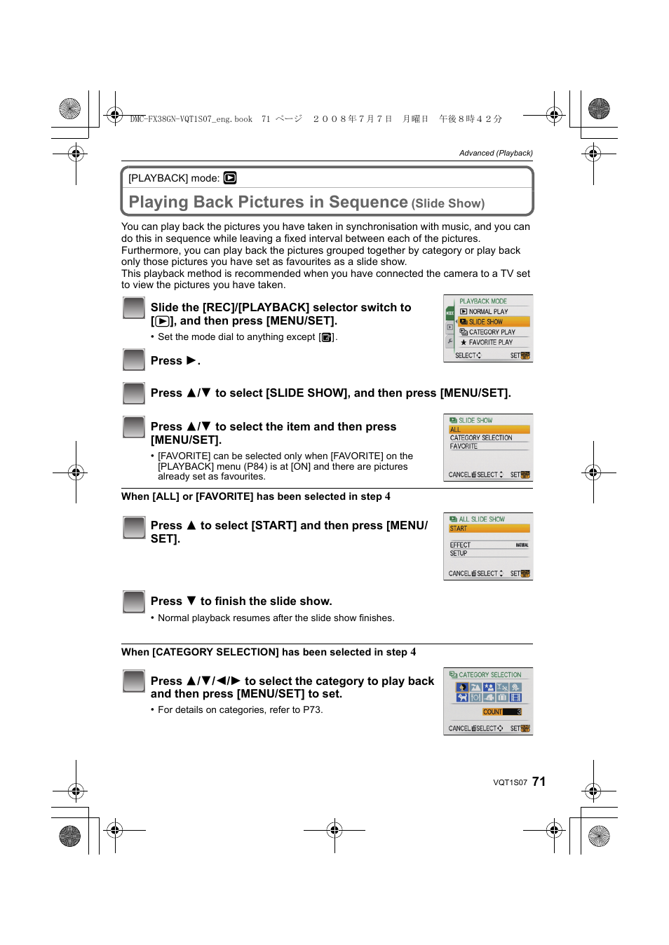 Playing back pictures in sequence | Panasonic DMC-FX38 User Manual | Page 71 / 120