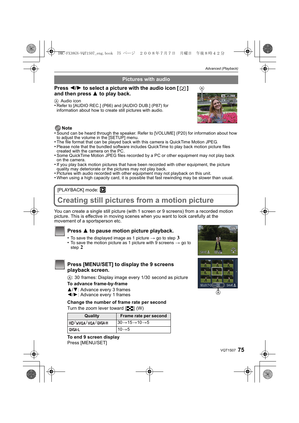 Creating still pictures from a motion picture | Panasonic DMC-FX38 User Manual | Page 75 / 120