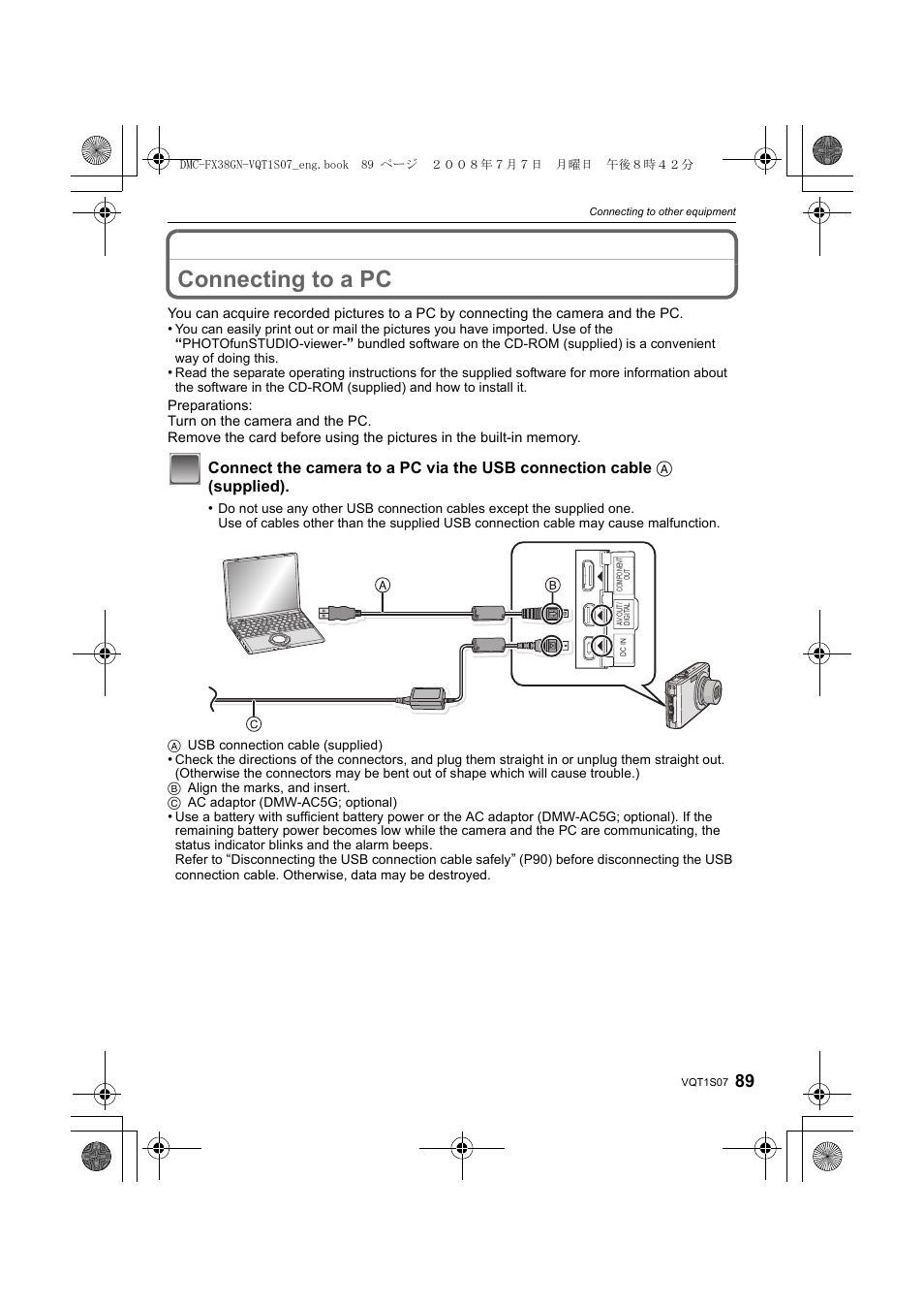 Connecting to a pc | Panasonic DMC-FX38 User Manual | Page 89 / 120