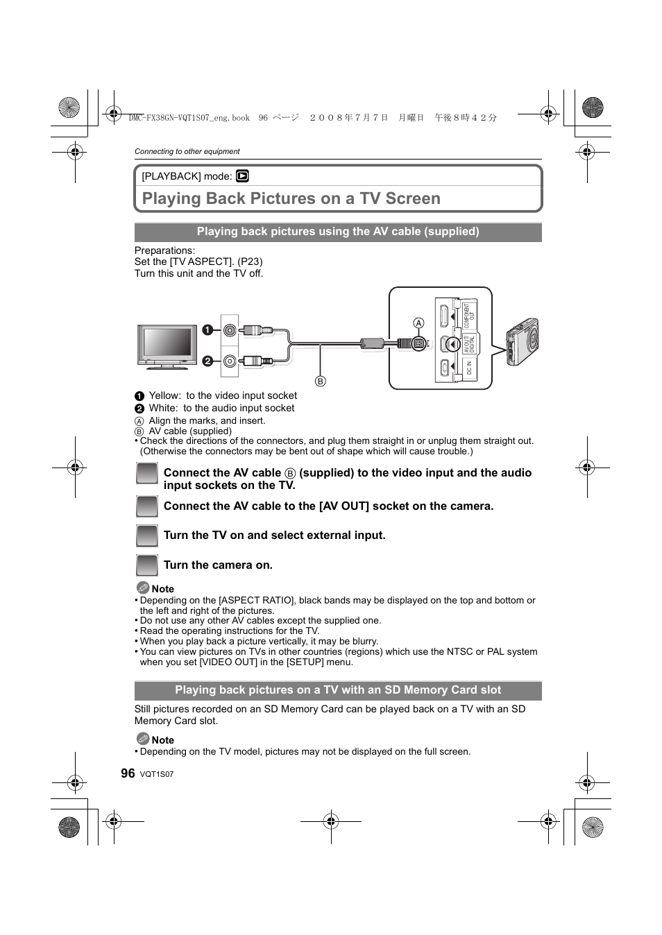 Playing back pictures on a tv screen | Panasonic DMC-FX38 User Manual | Page 96 / 120