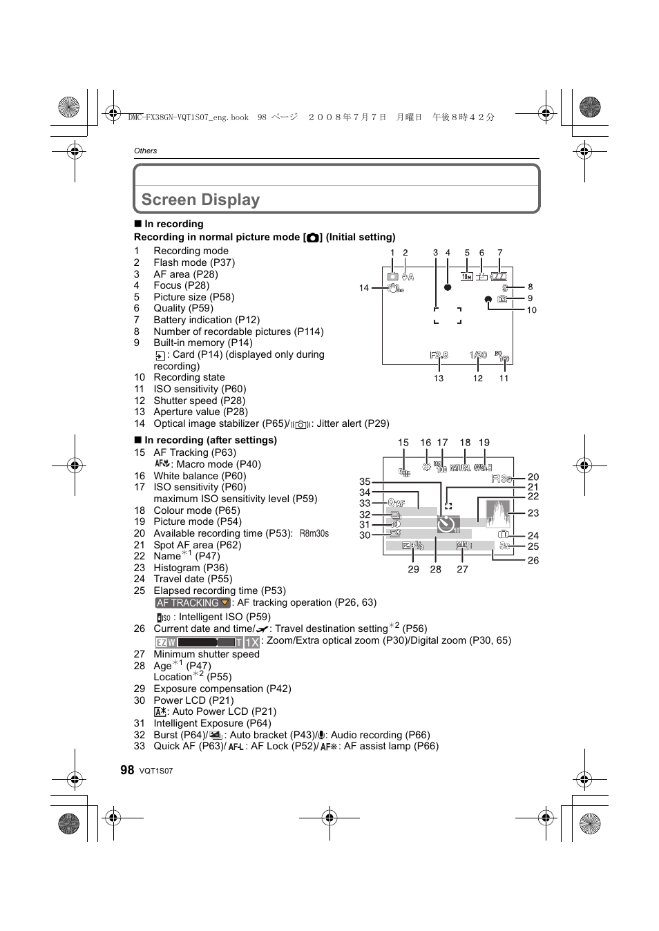 Screen display | Panasonic DMC-FX38 User Manual | Page 98 / 120