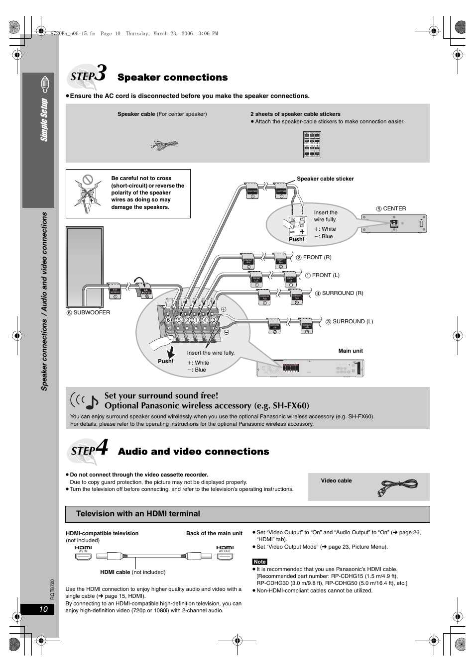 Step 3 speaker connections, Step 4 audio and video connections, Step | Speaker connections, Audio and video connections, 10 simple se tu p, Television with an hdmi terminal | Panasonic SC-HT744 User Manual | Page 10 / 38