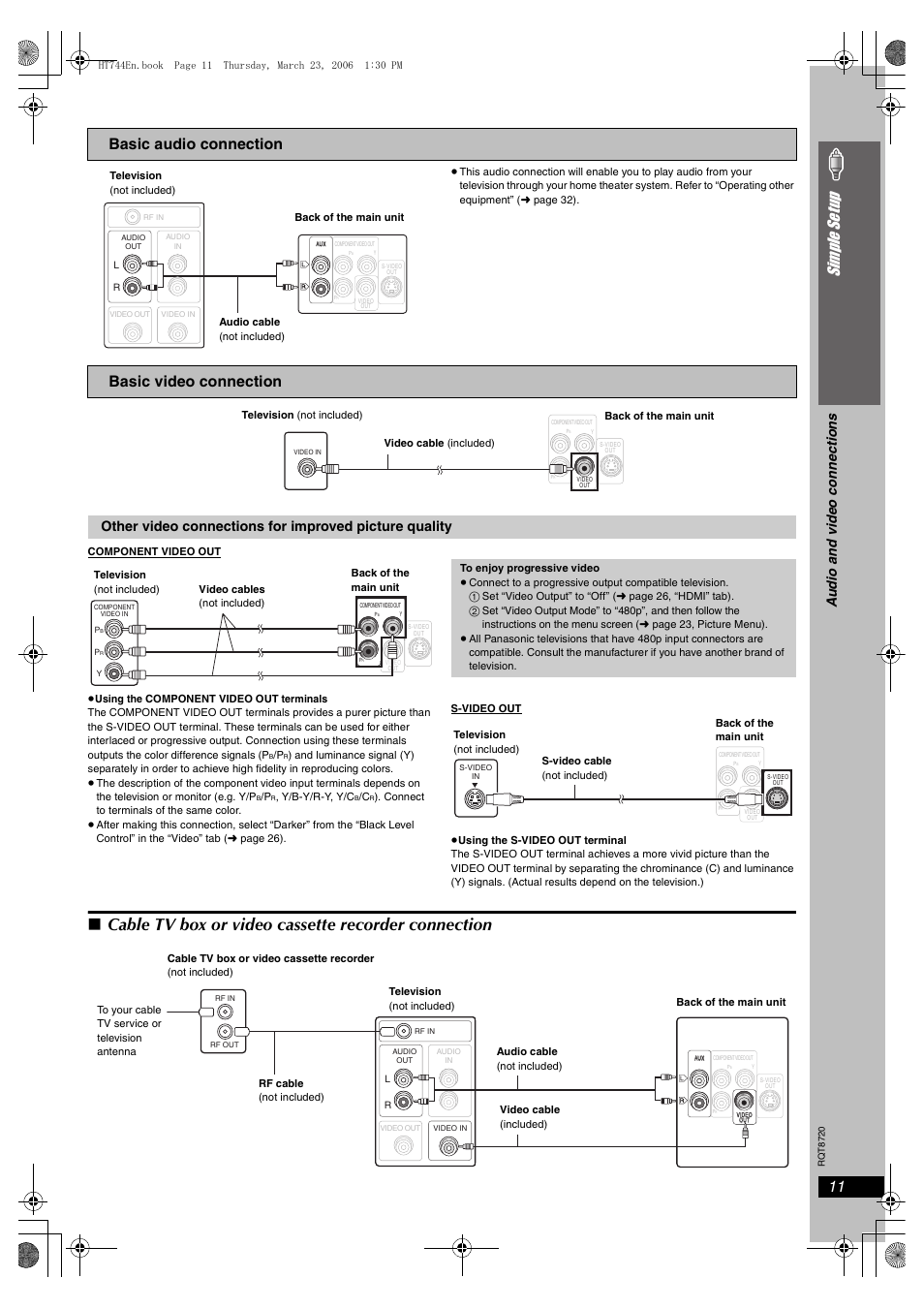 Cable tv box or video cassette recorder connection, 11 simple se tu p, Basic audio connection | Basic video connection, Audio and vide o c onne ction s | Panasonic SC-HT744 User Manual | Page 11 / 38